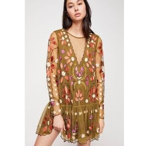Free People Hearts Are Wild Embroidered Tulle Dress Olive Green Sheer Small EUC